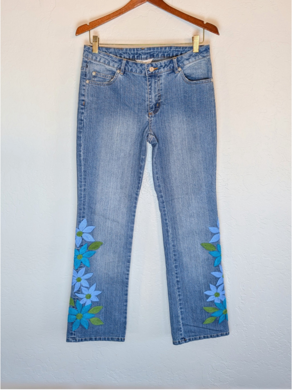 Lilly Pulitzer Floral Jeans Blue Green Embroidered Flower Straight Leg Y2K 32"